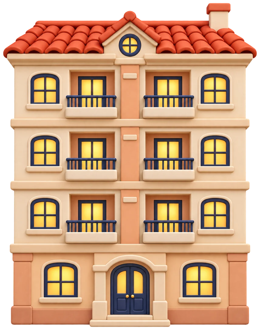 Dört katlı, her katında iki daire olan bir apartman