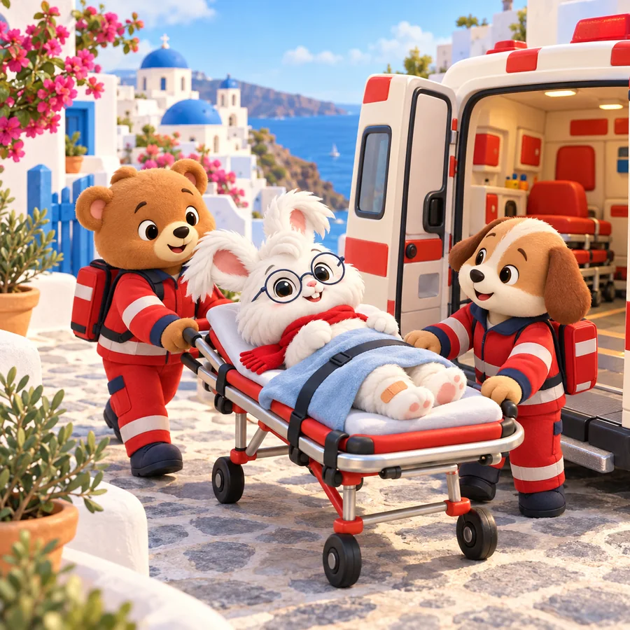 Ango sedyede, beyaz badanalı bir ada sokağında ambulansa taşınıyor